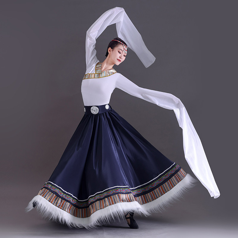 藏族舞蹈裙练习上衣水袖民族舞蹈演出服长裙练功服艺考舞台大摆裙