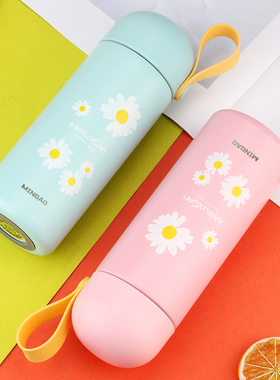 可爱女生400ml小清新保温杯粉红色学生简约便携文艺水杯子带提绳