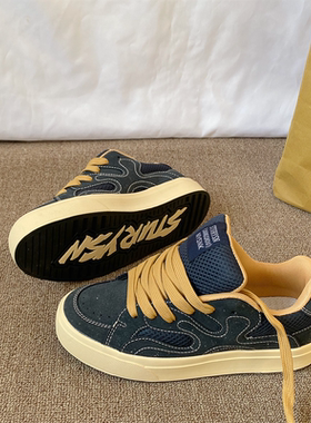 港风复古深蓝色板鞋男ins潮2026春季新款情侣百搭运动休闲面包鞋