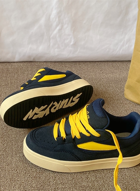 港风蓝黄色板鞋男女同款ins潮2025冬季新款厚底百搭运动休闲鞋子