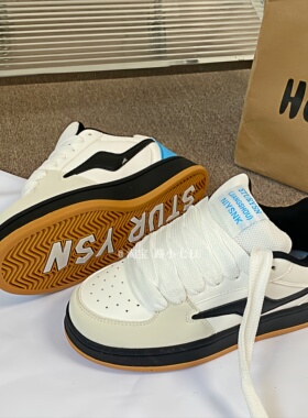 美式小众白黑蓝配色板鞋男ins潮2026春季新款情侣百搭休闲面包鞋