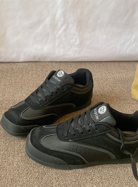 复古黑色德训鞋女ins潮2025冬季新款方头鞋子百搭运动休闲板鞋