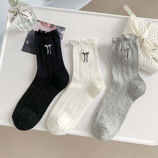 白色袜子女款 蝴蝶结中筒春夏日系ins潮甜美花边堆堆袜女 夏季 薄款