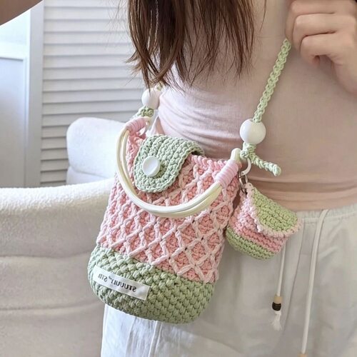 【成品】菱格水桶包空心棉线毛线编织diy材料包钩针斜挎手提