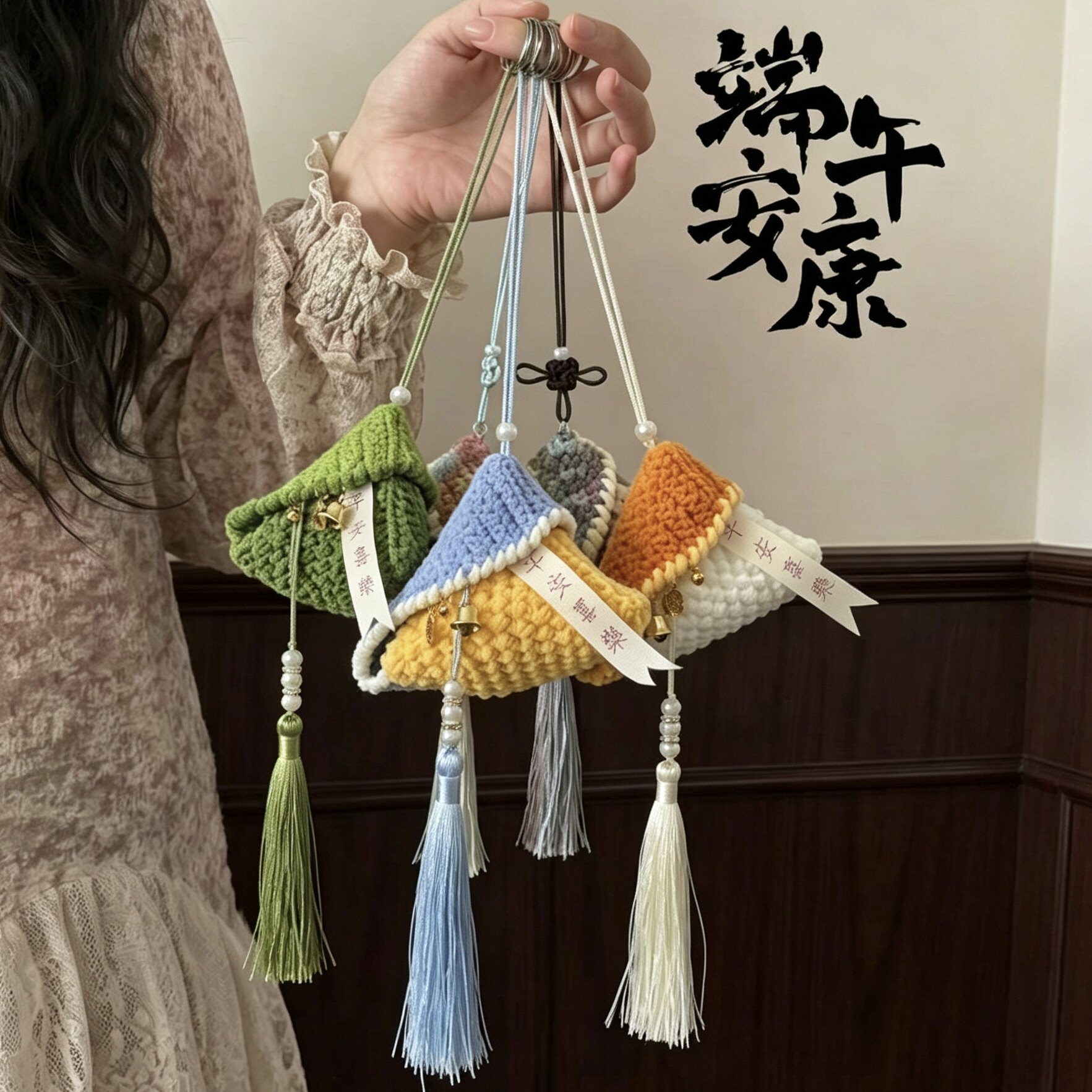 成品端午五彩粽子包手工编织diy材料包汽车挂件口红耳机包鸡蛋袋