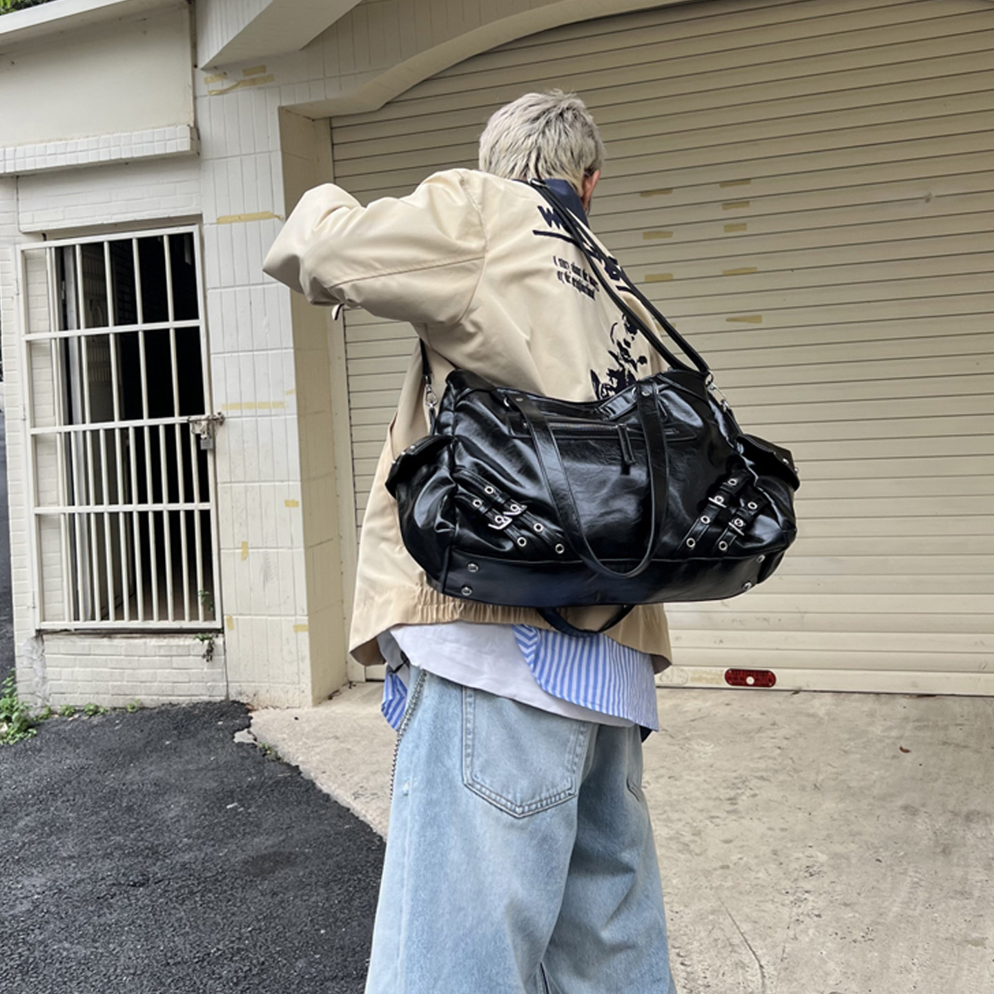 NIN设计款ins复古单肩斜挎托特包男女街头暗黑系原宿大包街头潮牌