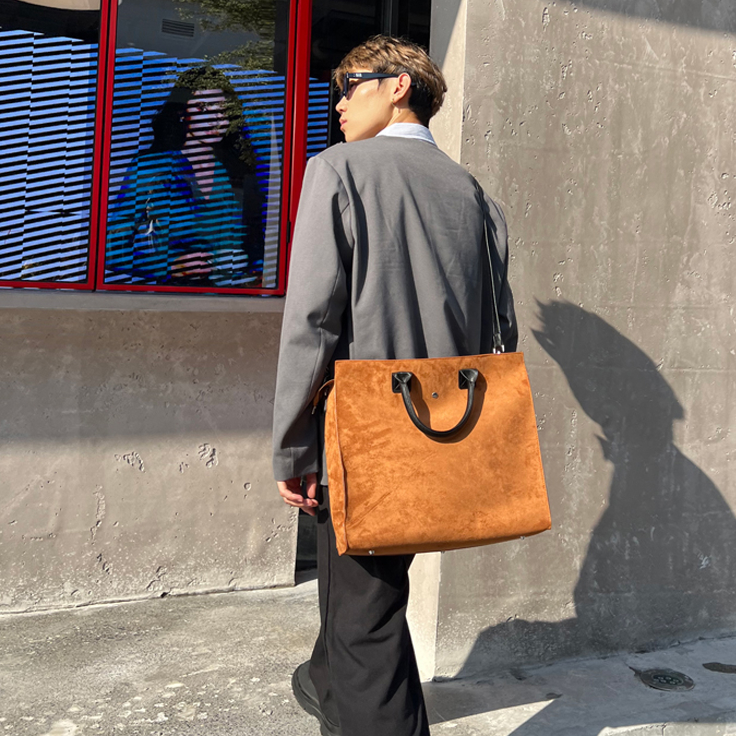 NIN小众复古腋下斜挎麂皮绒托特挎包公文包大容量手提韩系ins男女