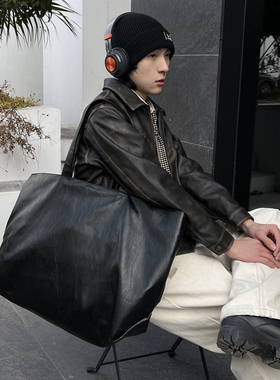 NIN韩国ins复古单肩暗黑系大容量pu皮质托特挎包通勤休闲腋下男女