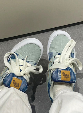 蓝色黑色水洗牛仔布男女低帮休闲鞋knu skool做旧撕裂胖胖面包鞋