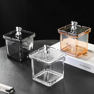 高级感四方玻璃烟灰缸带盖小熊防飞灰烟缸办公室防风家用客厅烟盅