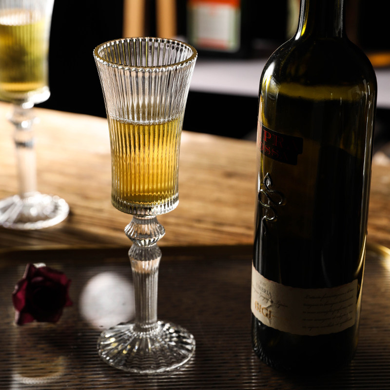 家用法式复古条纹香槟杯子情侣一对创意水晶玻璃高脚杯中古高颜值
