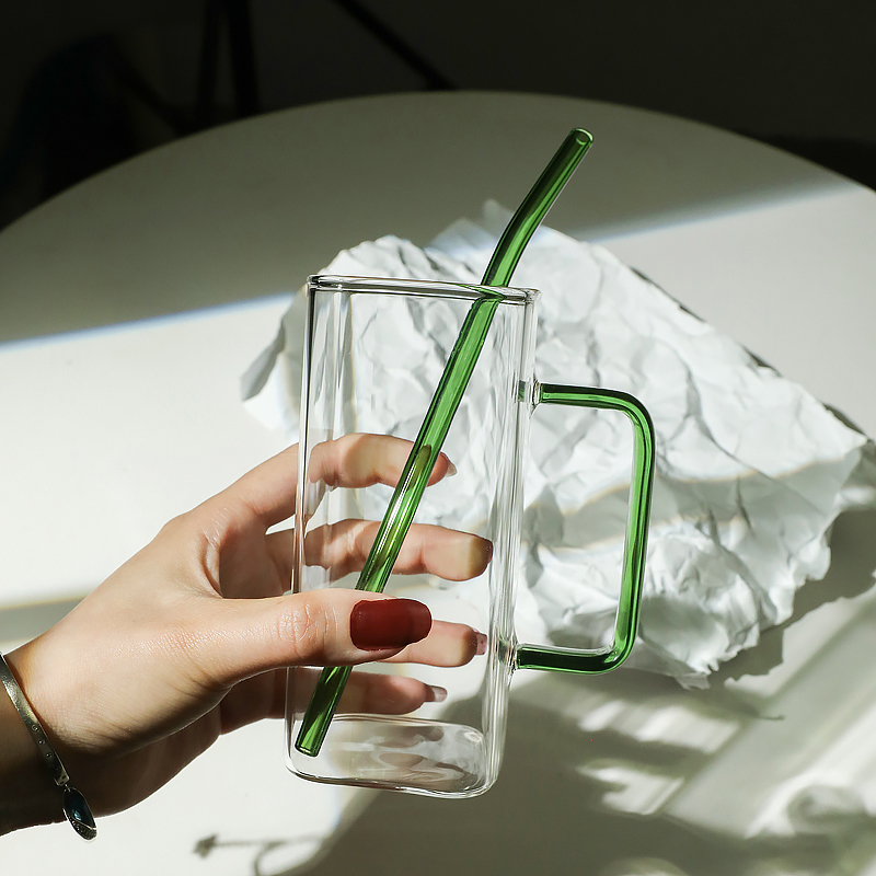 方形玻璃杯带把手家用ins高颜值吸管水杯女耐高温平底可加热杯子