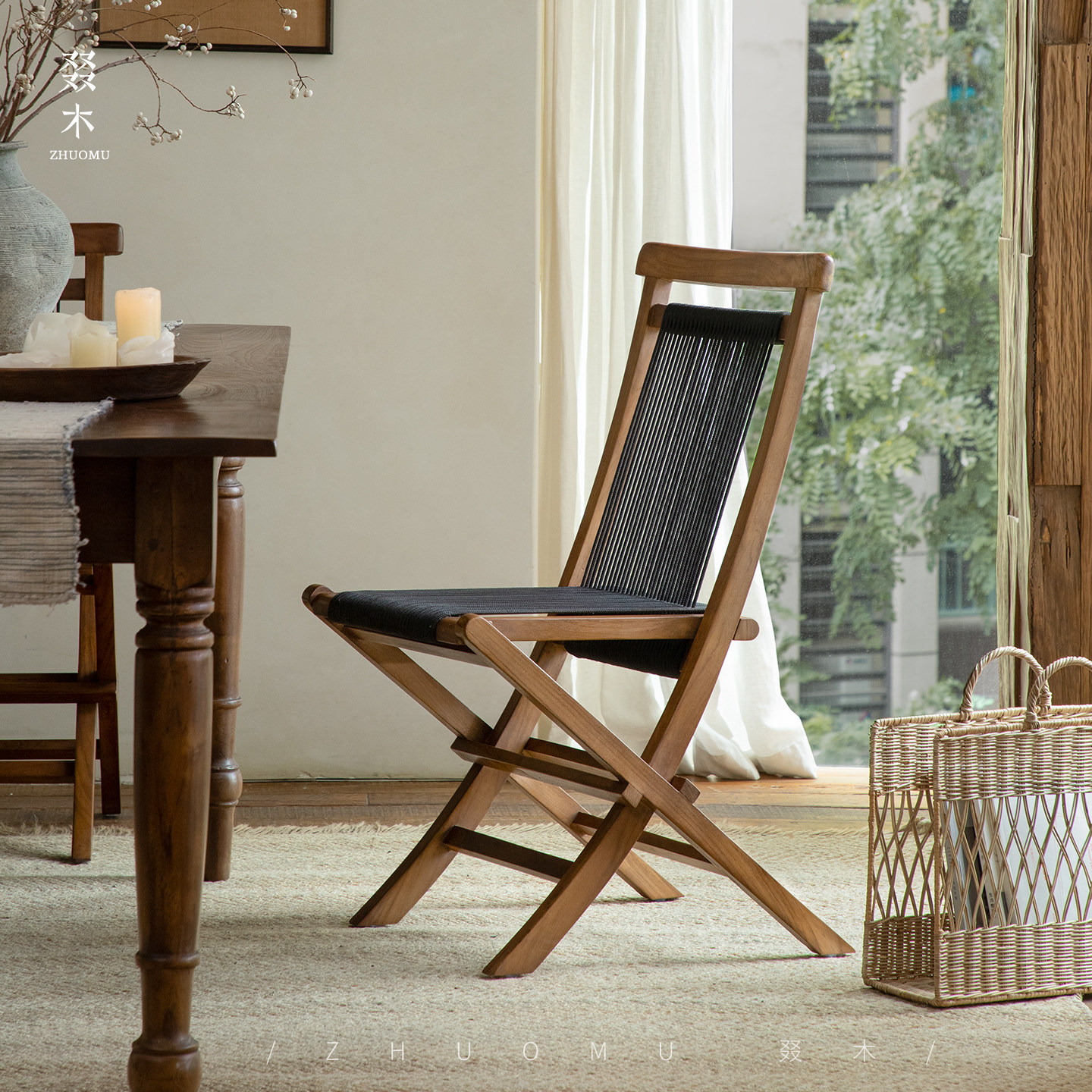 叕木|绳编折叠椅\南洋复古风全实木印尼柚木民宿酒店折叠编织餐椅,住宅家具,餐椅,淘宝优惠券,粉丝福利购,淘宝优惠卷