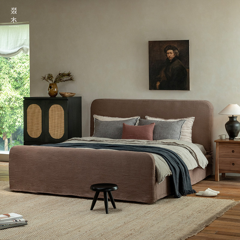 叕木|亚麻床\日式侘寂风可拆洗民宿酒店老钱风布艺主卧双人落地床