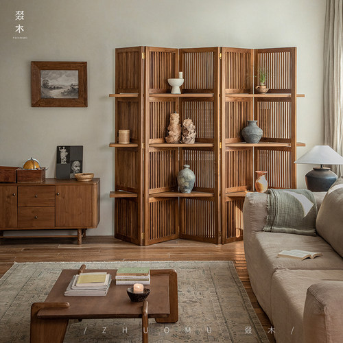 叕木印尼柚木折叠置物屏风