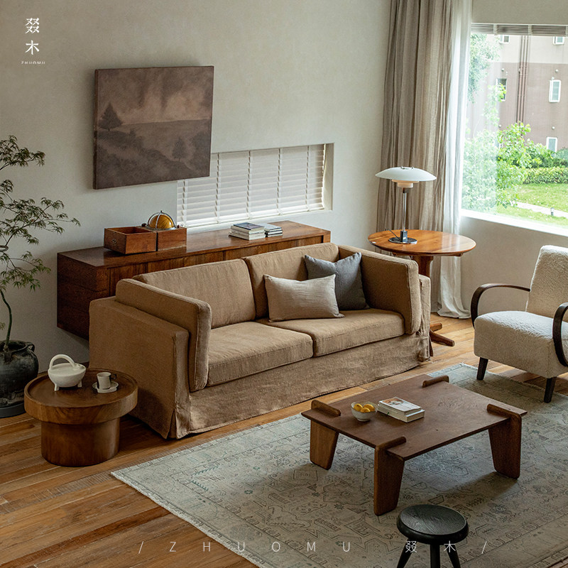 叕木|进口亚麻布艺可拆洗日式侘寂风民宿酒店定制三人位客厅沙发