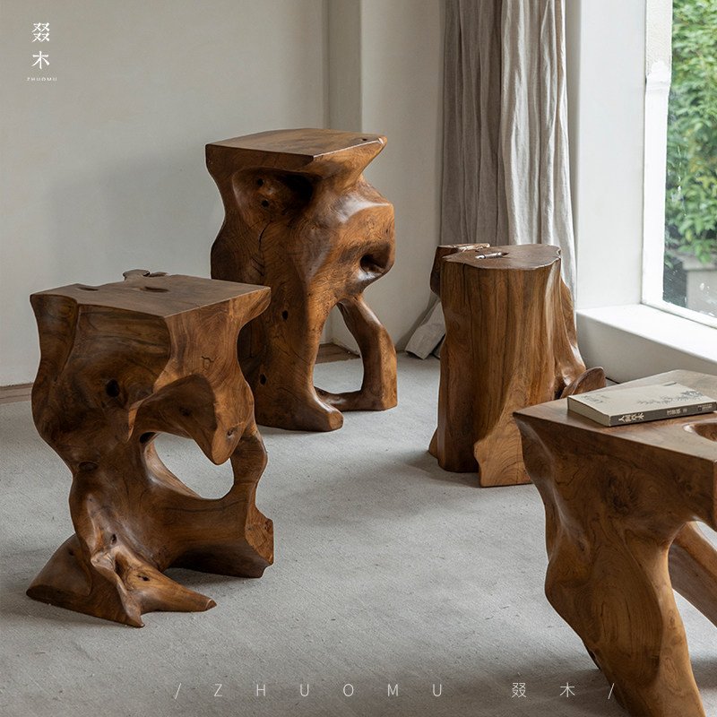 叕木|柚木根雕创意\侘寂风全实木边几民宿设计师酒店木桩花架玄关