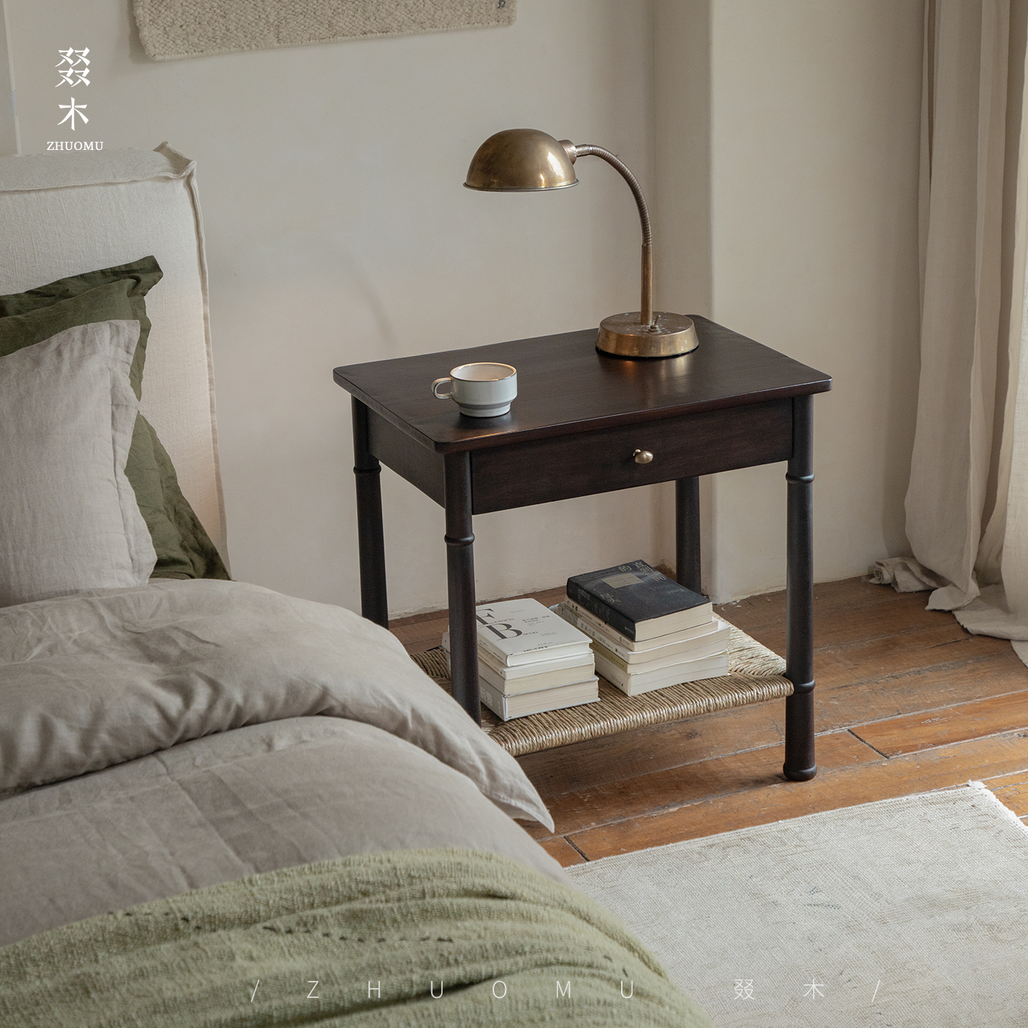 叕木全实木草编法式复古床头柜