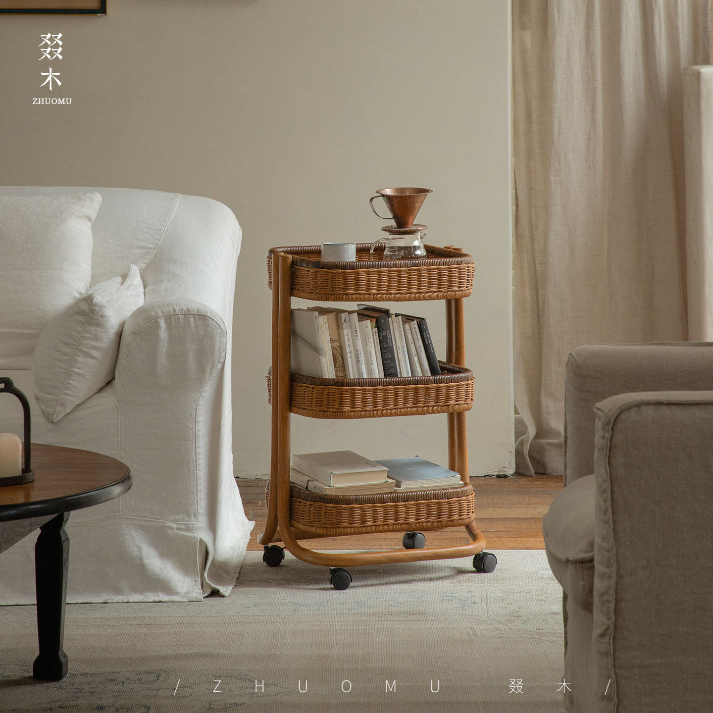 叕木|东南亚藤艺\手工藤编移动置物架客厅多层餐边车阳台收纳边几