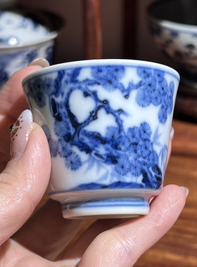 景德镇「待月观山」牡丹两才盖碗 岩茶盖碗手绘青花陶瓷茶碗