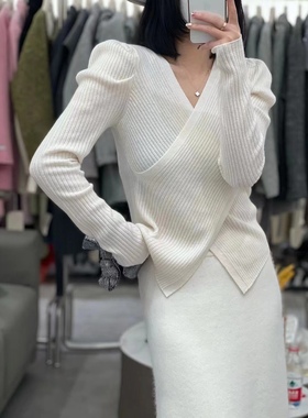 交叉领100%全羊毛泡泡袖时尚简约修身显瘦羊毛针织衫百搭气质女装