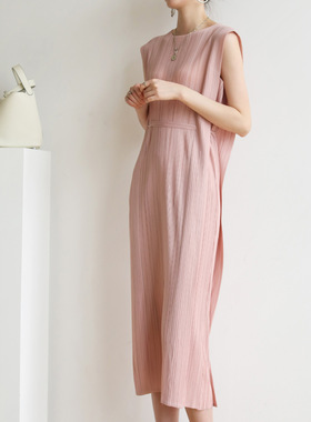 春之2022 ins风褶皱PP中长连衣裙洋气显瘦修身气质系带裙