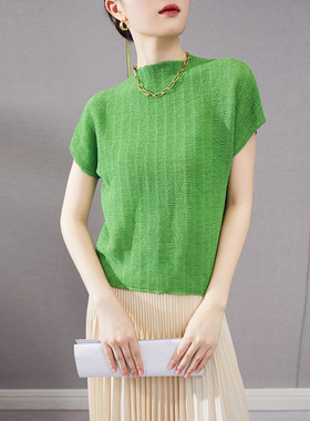 褶皱时尚女装设计感上衣女气质高领宽松百搭短袖t恤女
