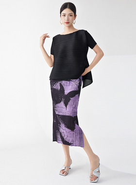 褶皱套装夏两件套高级感女小个子显瘦不规则短袖T恤开叉包臀裙子