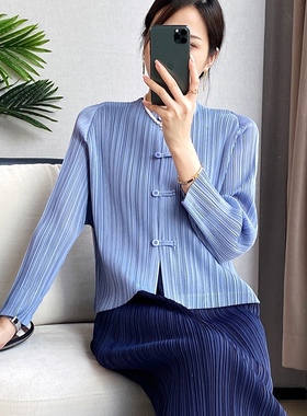 H褶皱春秋中国风印花衬衫女长袖复古宽松上衣薄款