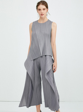 2021春季新款褶皱双层上衣背心休闲阔腿裤不规则假两件时尚套装女