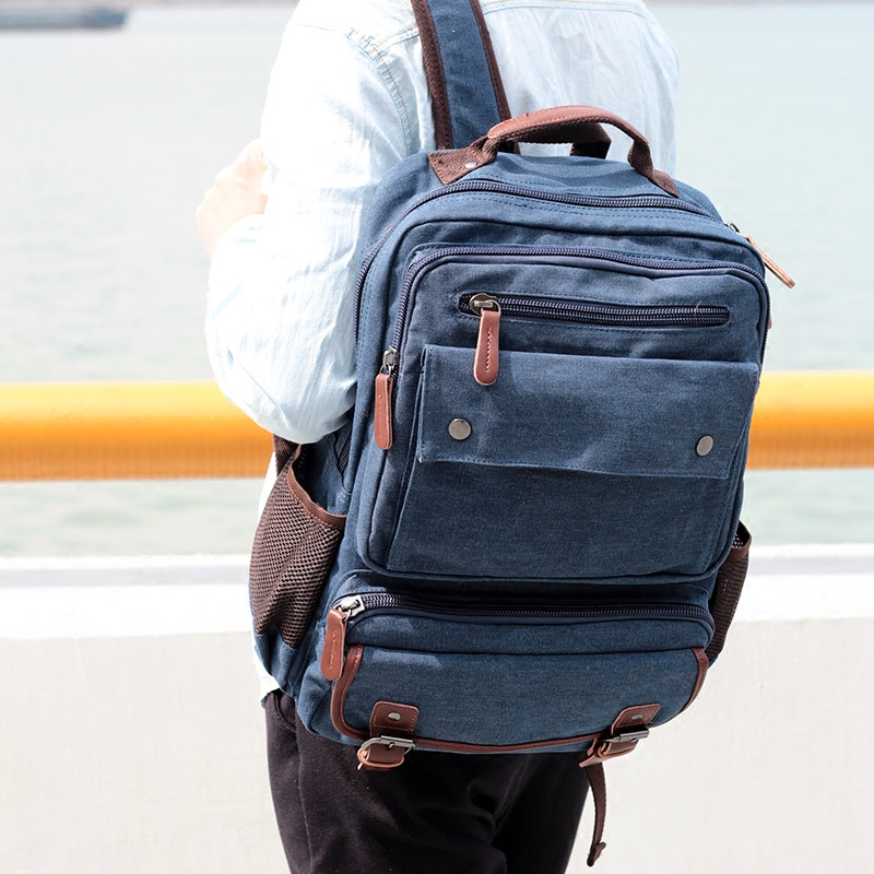 多袋双肩包帆布休闲背包学生书包