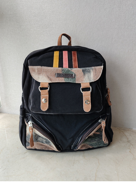 黑色帆布双肩包2023秋季新款小背包撞色条纹书包韩版时尚潮流男包