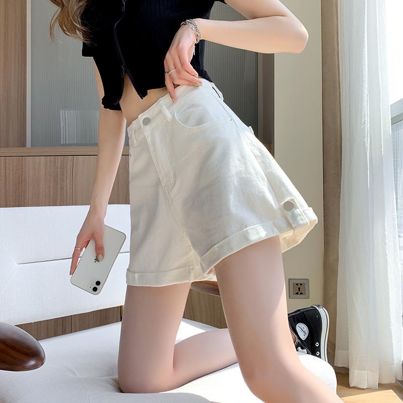 白色牛仔短裤女夏季2025新款外穿a字阔腿卷边小个子显瘦高腰热裤