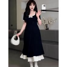 大码法式假两件设计感连衣裙女夏季2025新款微胖mm收腰气质小黑裙