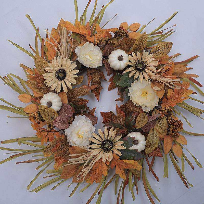 仿真浆果雏菊花环藤圈枫树叶白南瓜橱窗挂饰万圣节装饰门挂花环