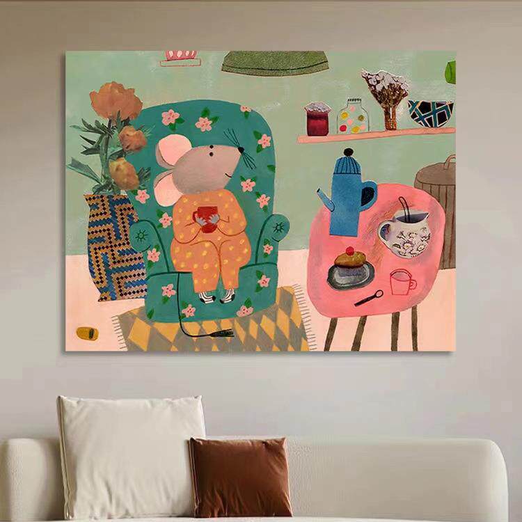 纯手绘儿童画卡通动物抽象装饰画小孩房间床头挂画童年趣味油画