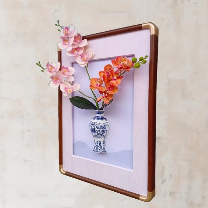 实木画框新中式仿铜角青花瓷创意简约壁挂画墙上立体装饰插画瓷瓶图片