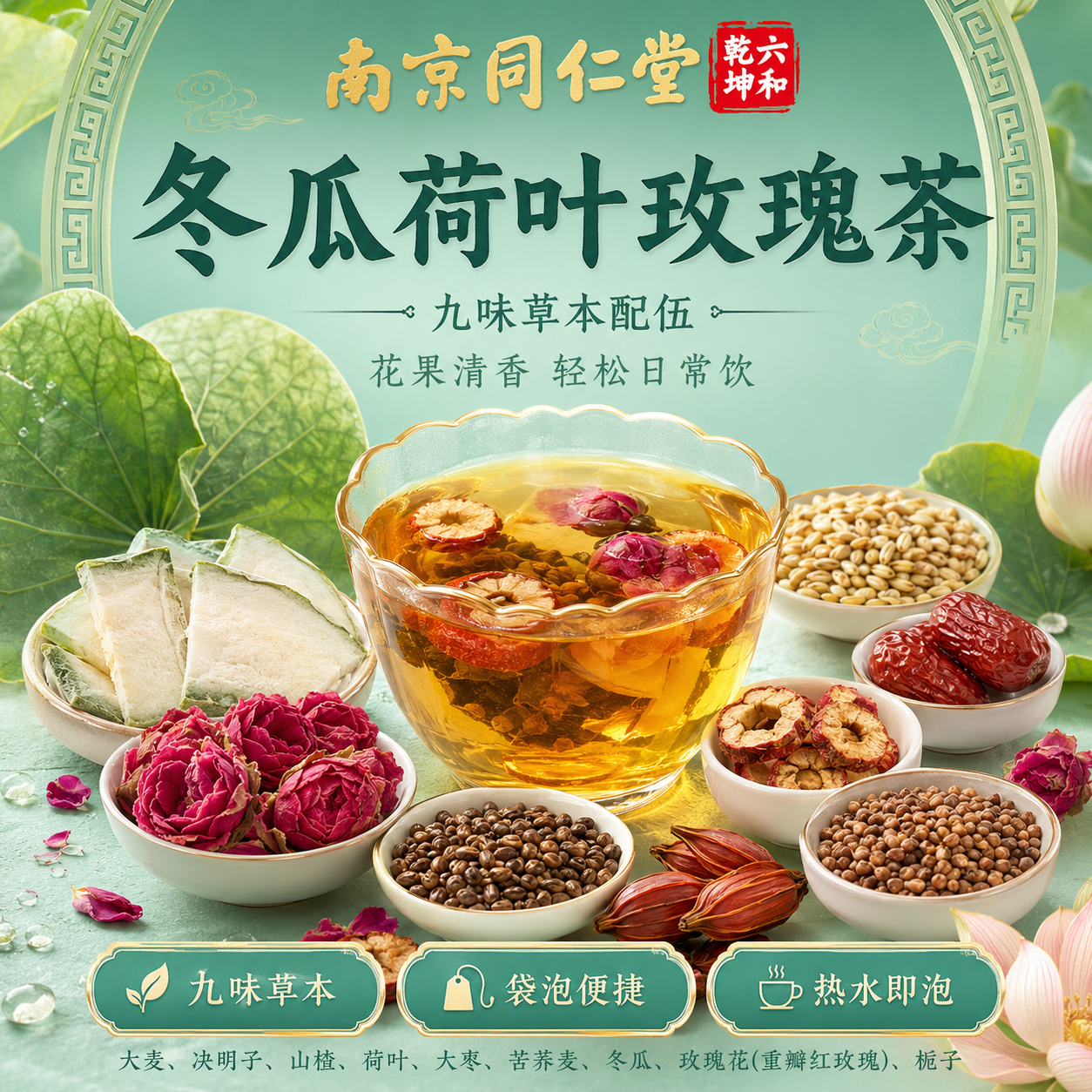 南京同仁堂冬瓜荷叶玫瑰茶袋泡茶大麦决明子山楂玫瑰花草本茶3cd