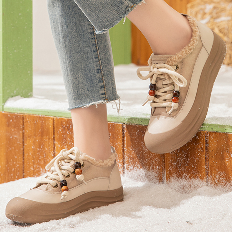 女真皮平厚底牛筋加绒羊羔毛单鞋