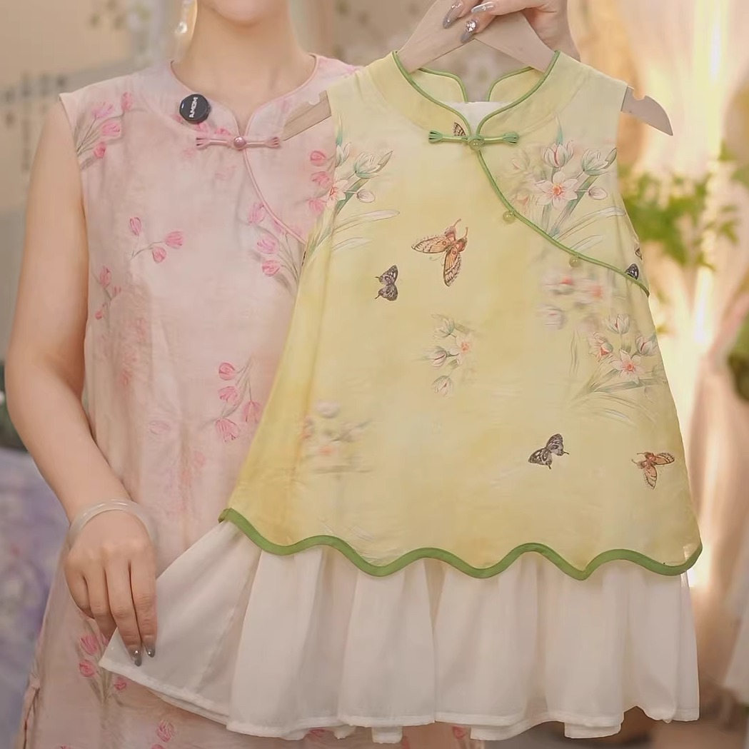 现货【婵娟】SC409女童夏季新中式粉色碎花2025新款国风旗袍裙