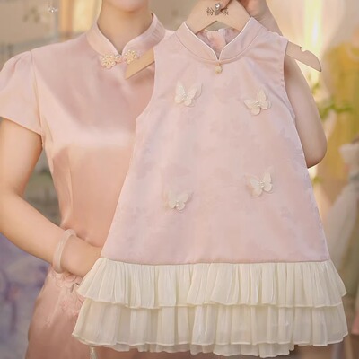 现货【粉蝶】SC445双面缎蝴蝶提花缎面女童夏季新中式国风旗袍裙