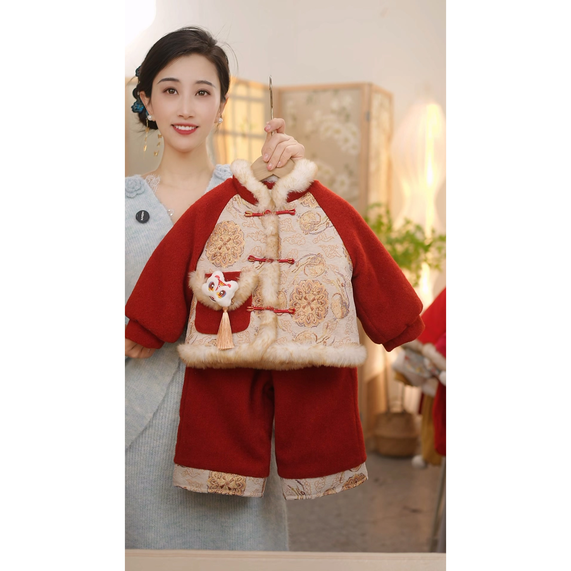 【福宝】SC784女童冬季新中式加绒夹棉外套加厚裤子国风套装