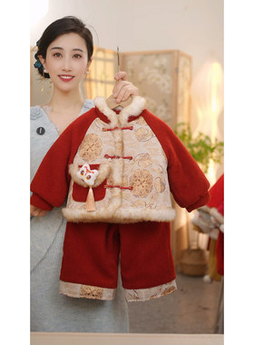 【福宝】SC784女童冬季加绒夹棉外套加厚裤子国风套装拜年服
