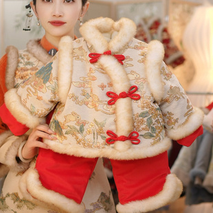 现货【吉祥】GF056女童冬季加绒上衣加绒裤子套装加厚国风拜年服