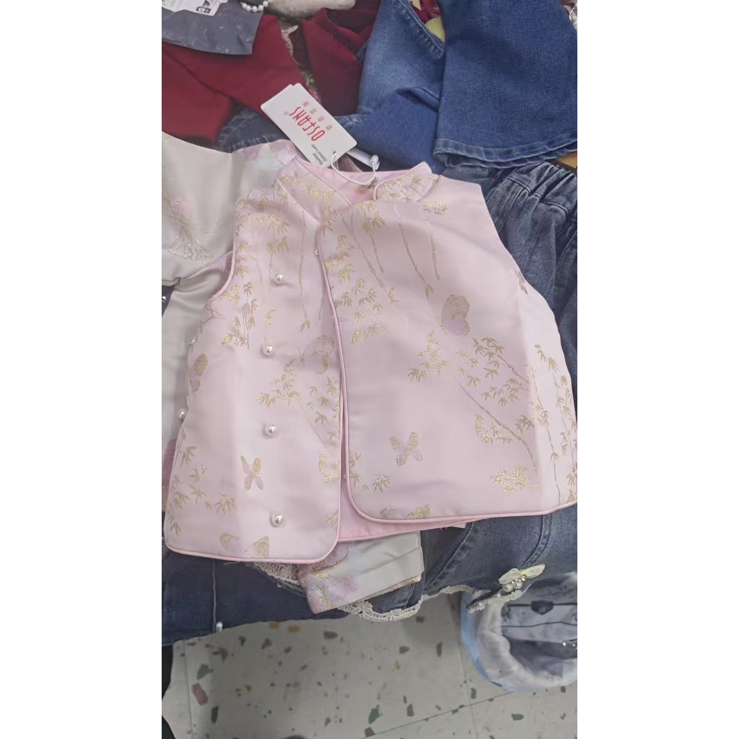 SC618女童秋季新中式国风马甲打底衫牛仔裤三件套套装