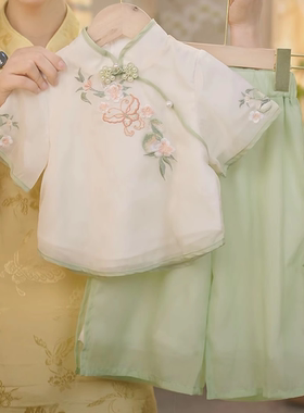 现货【芙蓉】SC258女童夏季新中式刺绣短袖上衣阔腿裤国风套装