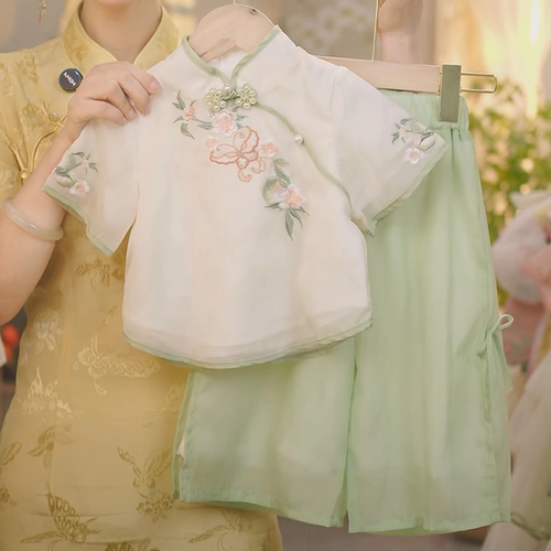 现货【芙蓉】SC258女童夏季新中式刺绣短袖上衣阔腿裤国风套装