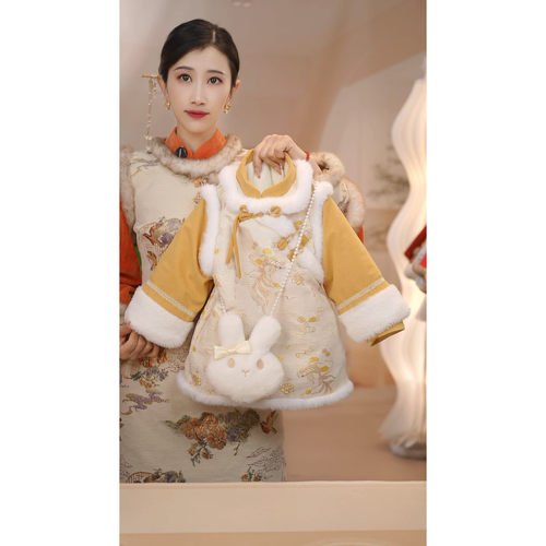 现货【锦鲤】带兔子挂件 GF024女童冬季加绒加厚国风旗袍裙礼服