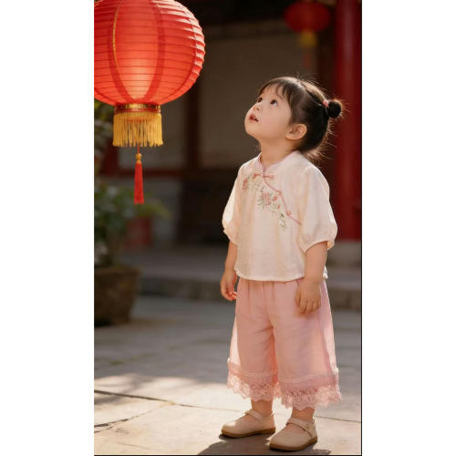 现货【白桃】SC436女童夏季新中式莲花刺绣2025新款国风套装