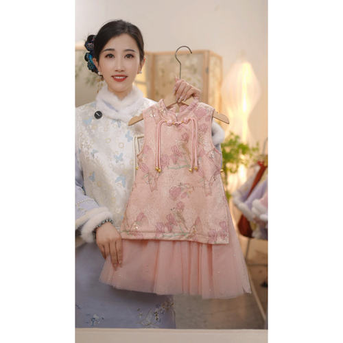 【夕颜】SC843女童冬季国风加绒不夹棉新中式马甲旗袍裙拜年服